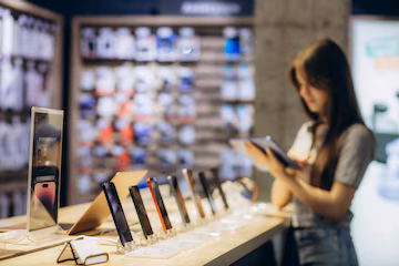 exhibición de Celulares y accesorios, mostrando atención al cliente y variedad de Celulares y Marcas disponibles.